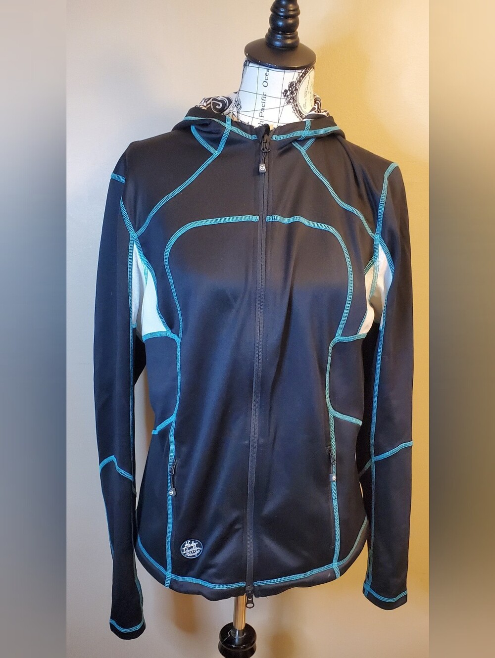 Harley Davidson Womens XL Jacket Black Turquoise Hooded Full Zip Motorcycle